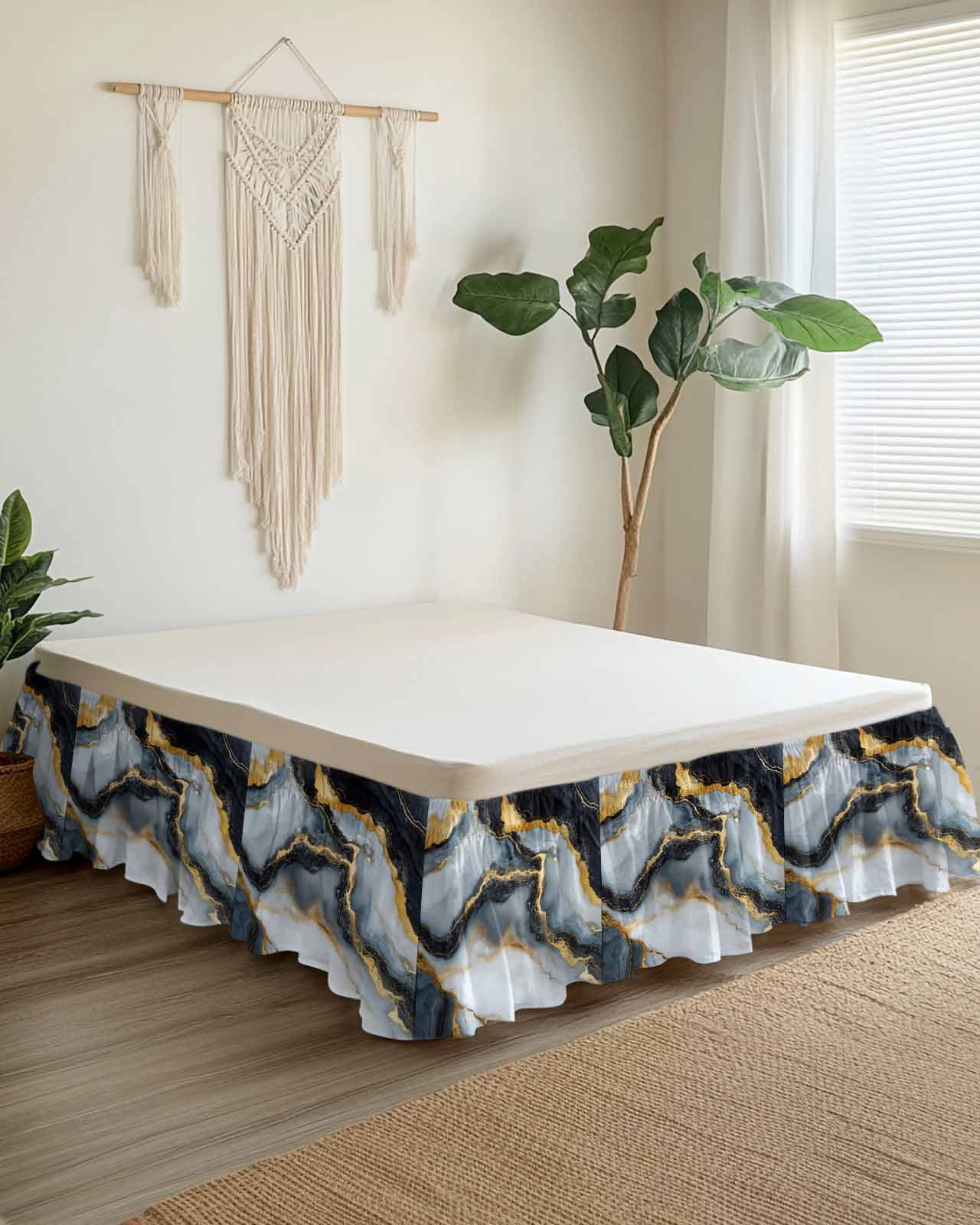 Black Golden Marble Wrap Around Bed Skirts for Queen Bed 16" Drop,Bed Skirt with Adjustable Elastic Belt Dust Ruffle Bed Valance for Bedroom Hotel Luxury Modern Ink Painted Aesthetics Bed Frame Cover