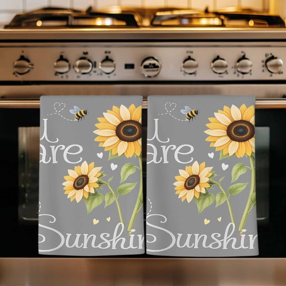You Are My Sunshine Kitchen Towels Set of 2, Yellow Sunflowers Cute Bees Heart Grey Absorbent Dish Towels for Kitchen, Microfiber Hand Towel, Quick Drying Tea Towel for Cleaning Decorative Dishcloths
