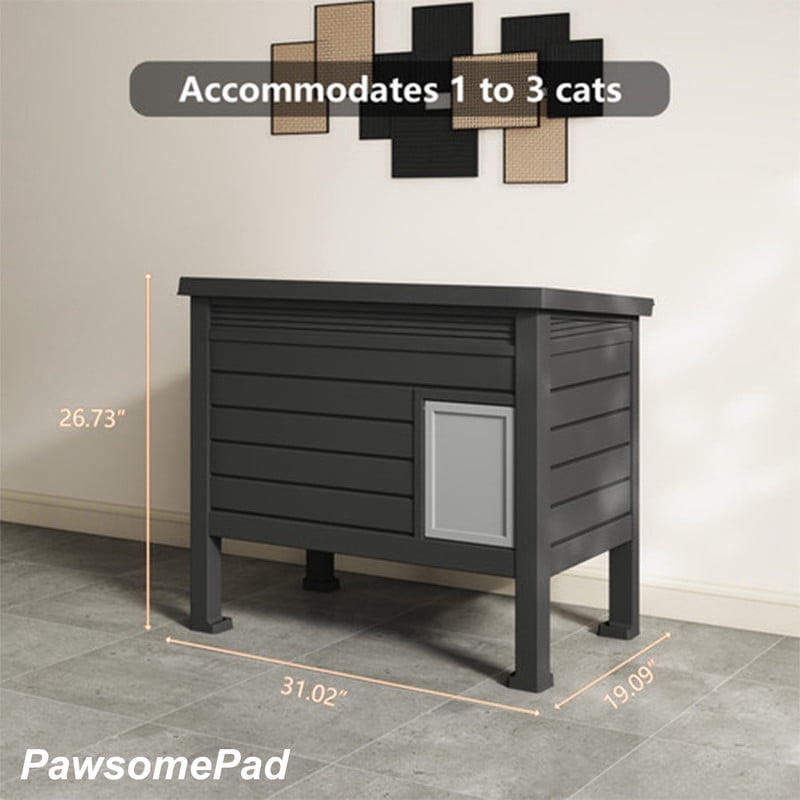 PawsomePad Outdoor Cat House, Weatherproof Cat Shelter with Raised Floor and Door (Black)