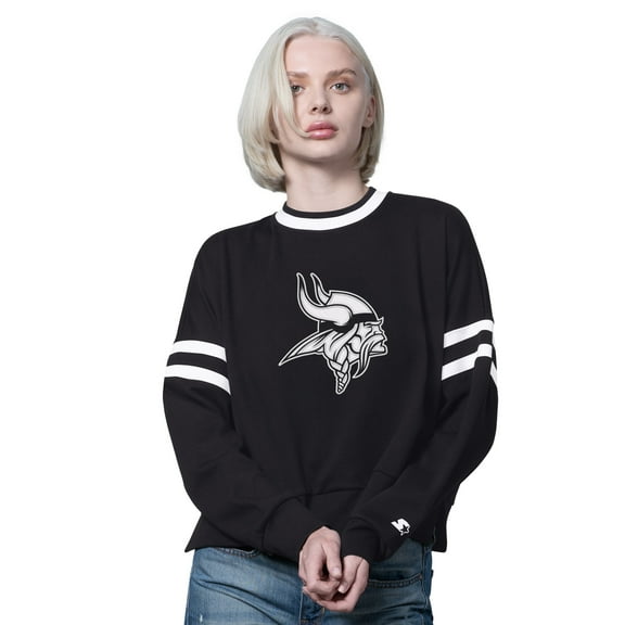 Women's Starter  Black Minnesota Vikings Rally Drop Shoulder Cropped Sweatshirt