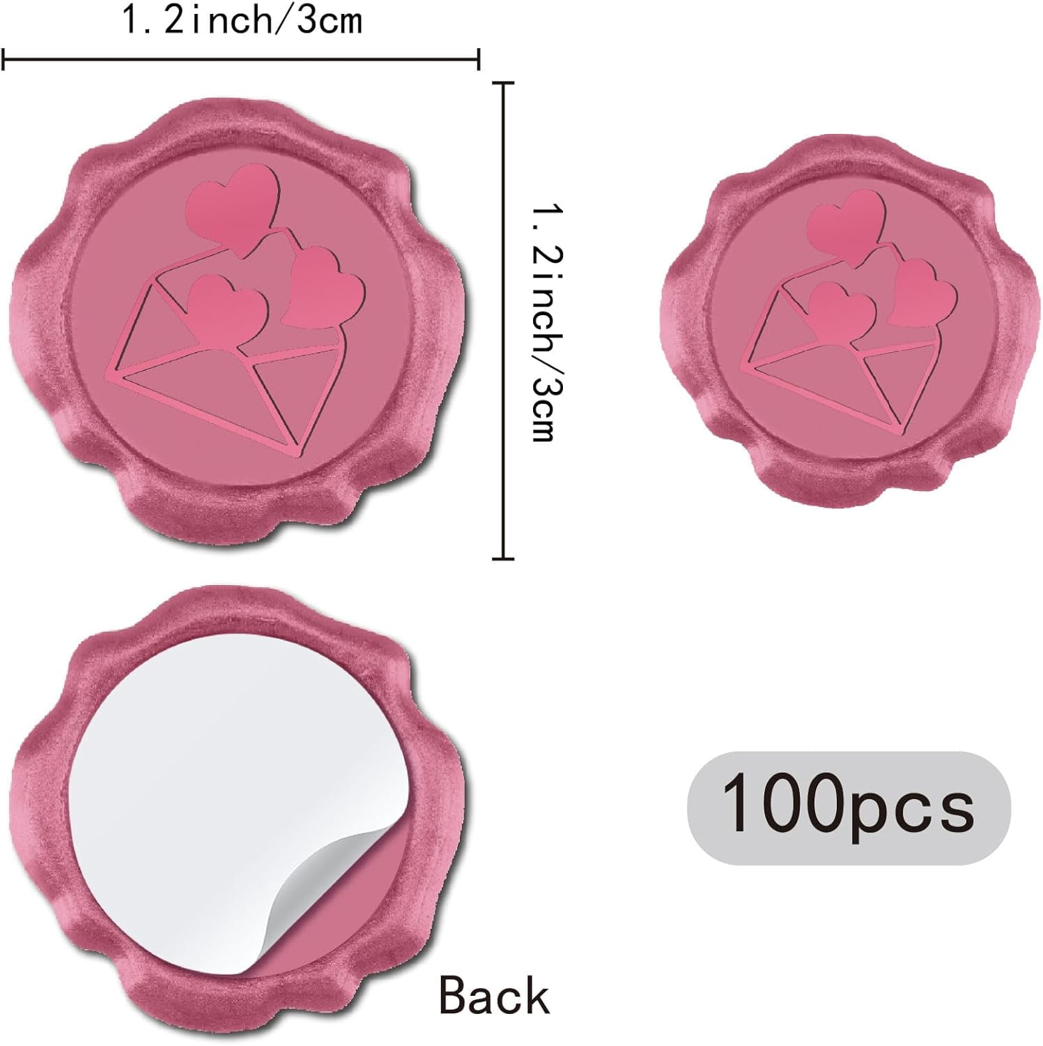 100pcs Pink Wax Seal Stickers Valentine's Day Decoration Stickers Vintage Adhesive Envelope Sealing Love Heart for Wedding Gift Wrapping Birthday Greeting Cards Making Hot Pink 1box