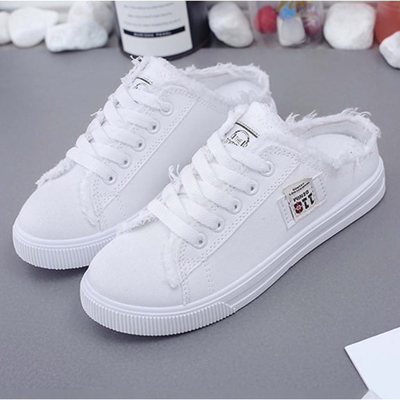 EliteGoogv Womens Mule Sneakers Canvas Slip On Shoes Low Top Flat Walking Shoes For Women Distressed Frayed Edge Lace Up Loafers Casual Footwear US: 9 White