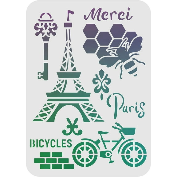 Eiffel Tower Stencils Decoration Template 11.6x8.3 inch Plastic Bee Key Bicycles Drawing Painting Stencils Rectangle Reusable Stencils DIY