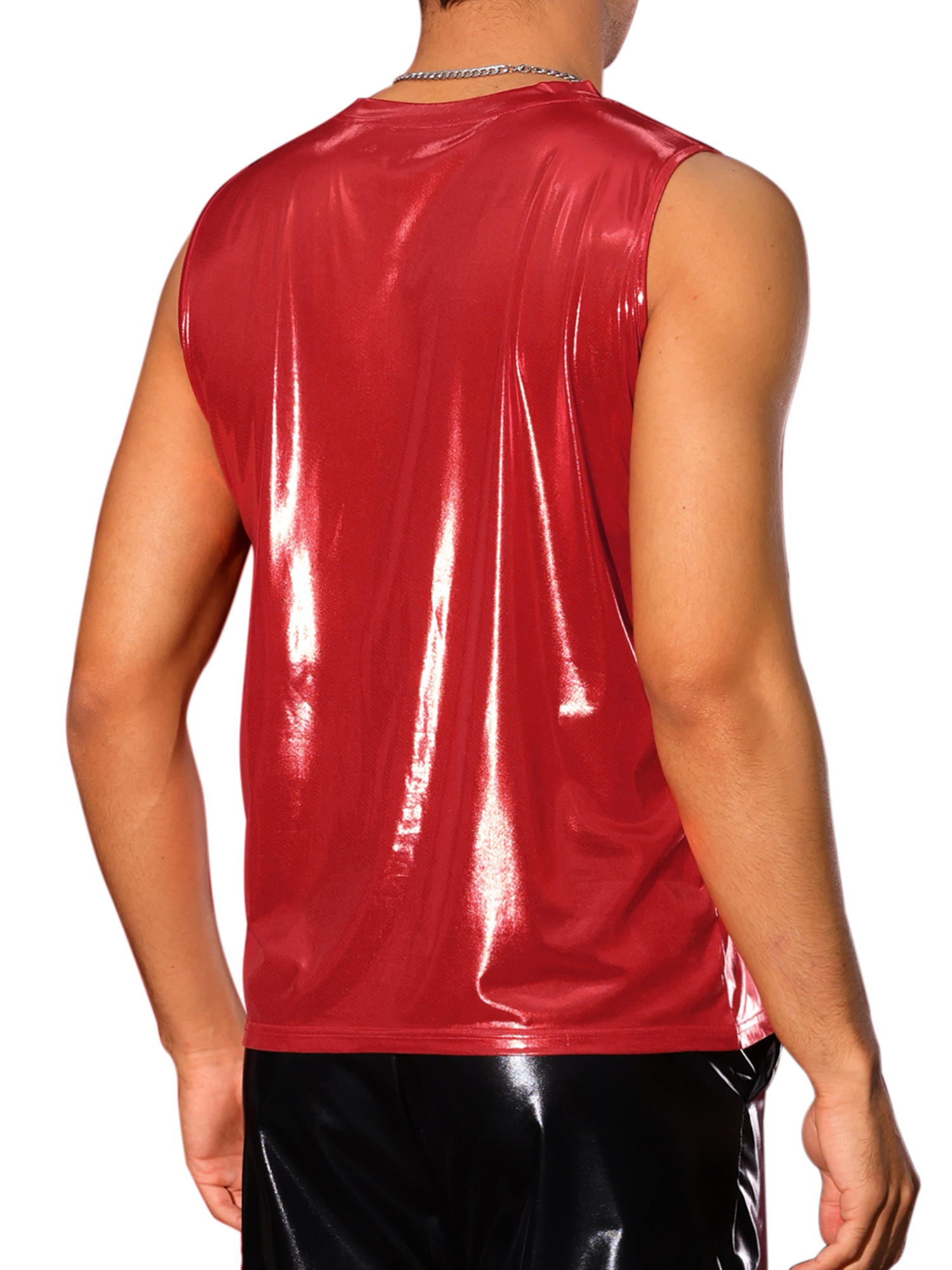 INSPIRE CHIC Metallic Tank Tops for Men's Holographic Sleeveless T-Shirt Disco Party Shiny Vest XL Red