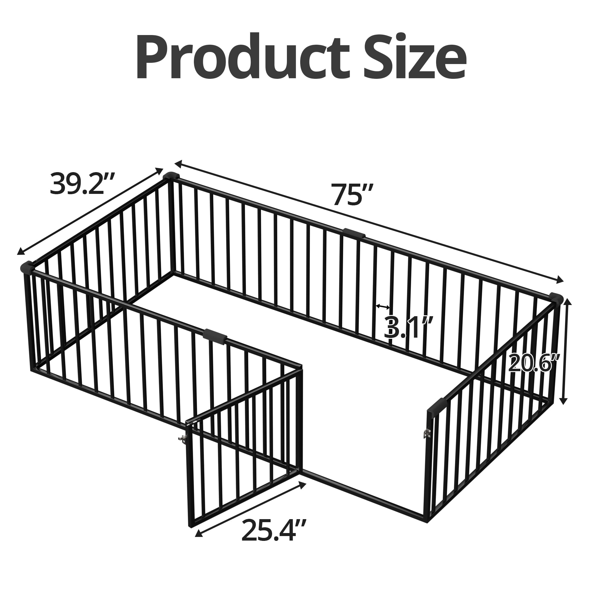 Twin Size Floor Bed for Kids and Toddlers, Metal Montessori Floor Bed with 21.7" High Full-Length Fence and Door, Safety Montessori Bed Frame for Kids Girls and Boys, No Slats Supports, Black