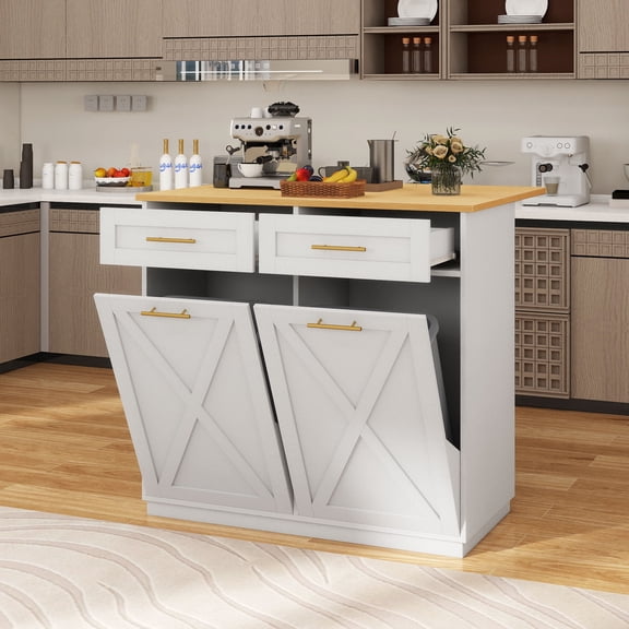 Craftian Kitchen Island with Drop Leaf & Power Outlets, Kitchen Storage Cart with 2 Trash Can Cabinets & Storage Shelves, White