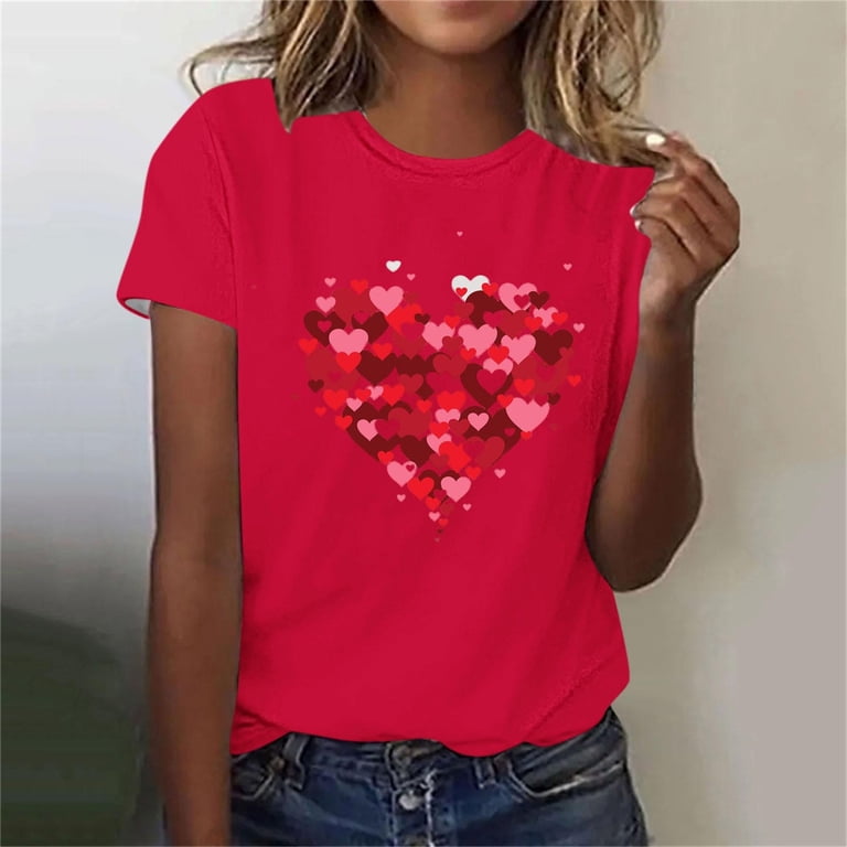 Valentine's Day T-Shirt For Women - Cute Gnomes & Hearts Graphic Tee, Pink, Size Large
