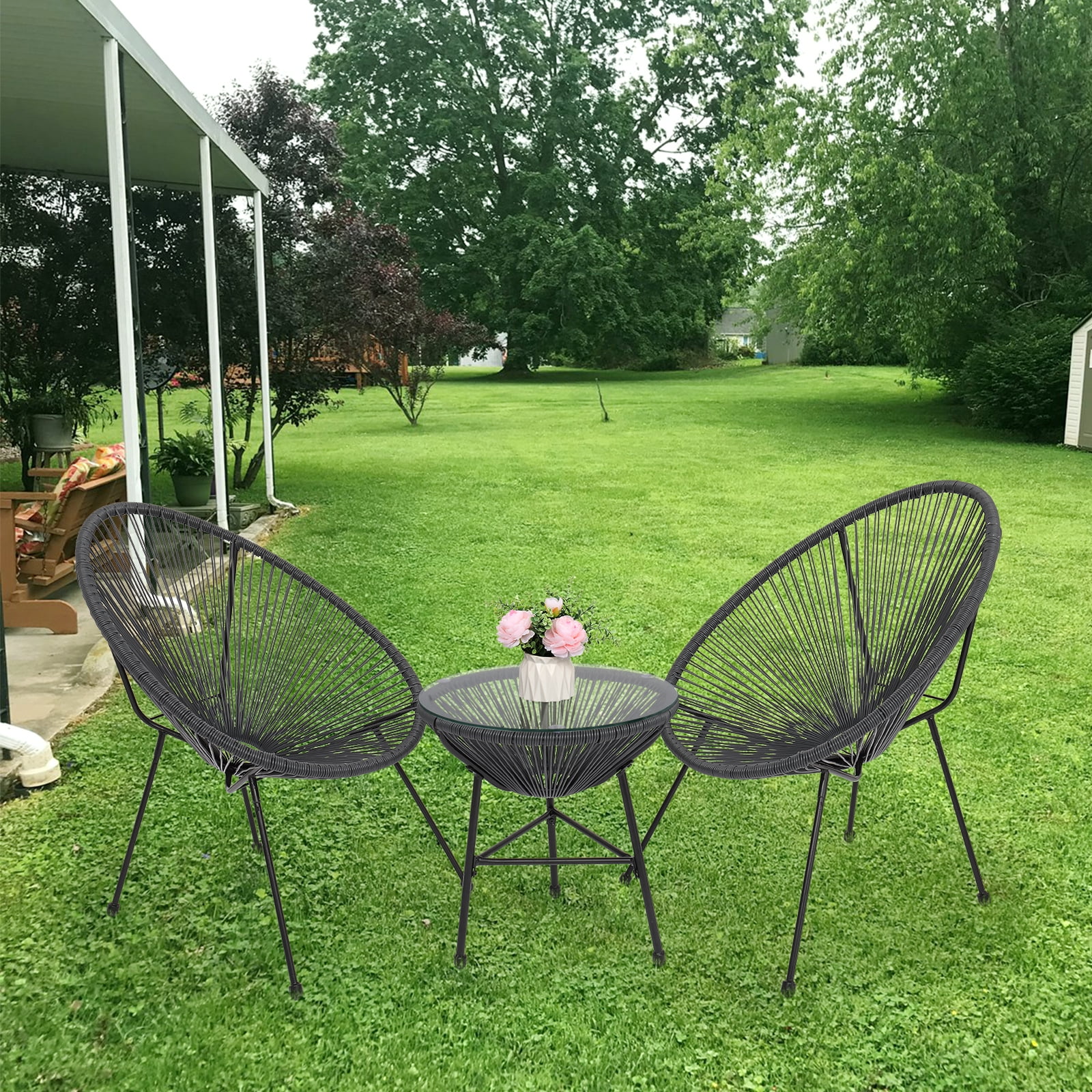 Lowestbest 3Pcs Patio Wicker Bistro Set, Outdoor Glass Top Table and 2 Chair-Gray Lowestbest 3Pcs Patio Wicker Bistro Set, Outdoor Glass Top Table and 2 Chair-Gray