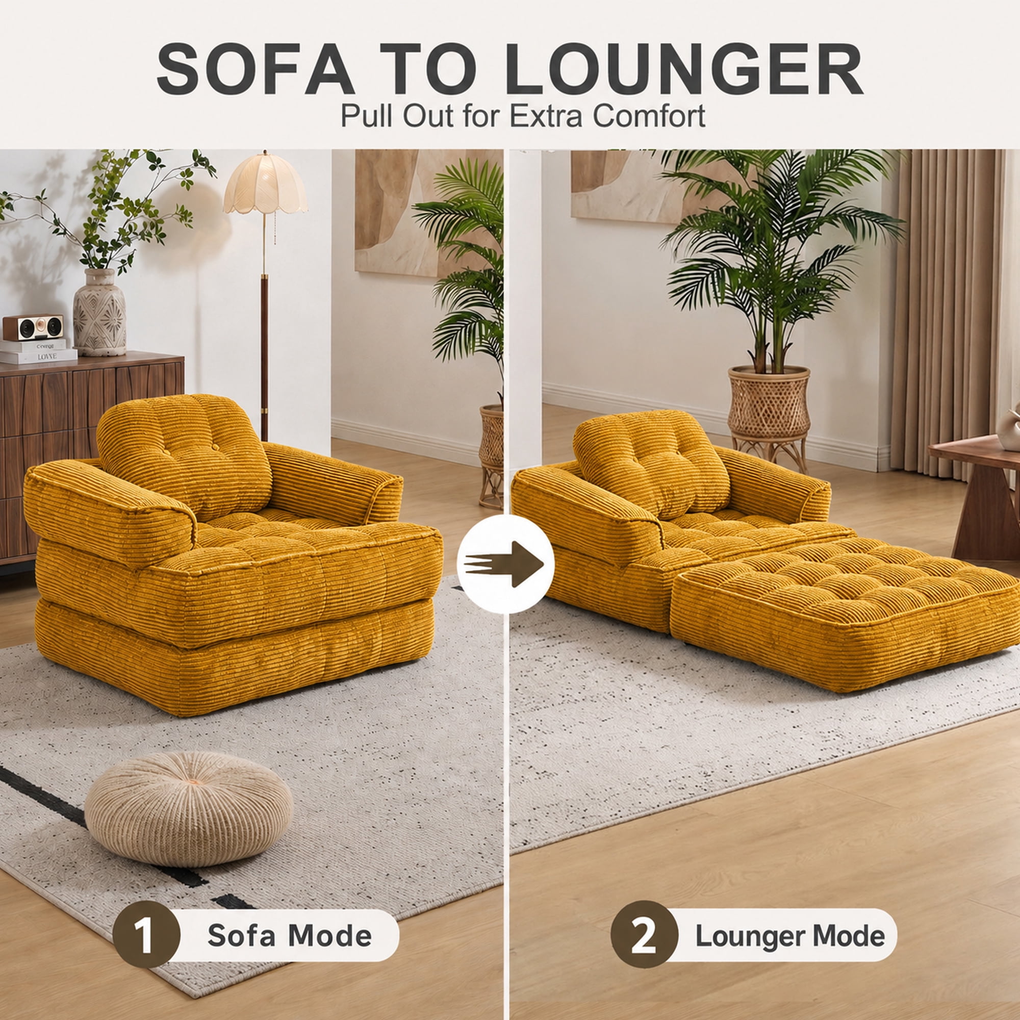 Leumius 70" Folding Sofa Bed,Convertible Single Sofa Bed with Armrest,2-in-1 Corduroy Boneless Foldable Bed with Pillows for Bedroom, Living Room, Homestay, Game Room,Yellow
