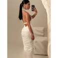 thumbnail image 2 of Thin Halter Elegant Dress Women Bead Button Backless Hollow Ruched Peach Hip Cocktail Party Sexy Stretch Bodycon, 2 of 22