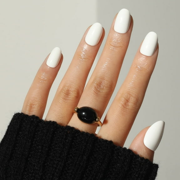 Ellie Vincy Press On Glue On Nails - Silent White Solid | Short Oval Shape, 30 Piece Set with Glue and Sticky Tabs, 15 Sizes