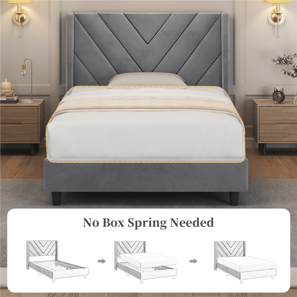Renwick Twin Size Upholstered Platform Bed with Wooden Slat Support and Tufted Headboard, Light Gray