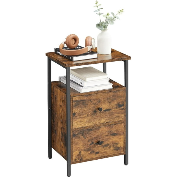VASAGLE Mesita de Noche, Mesa Auxiliar, Extremo del Sofá con 2 Cajones, para Dormitorio, Sala de Estar, Estilo Industrial, Marrón Rústico y Negro