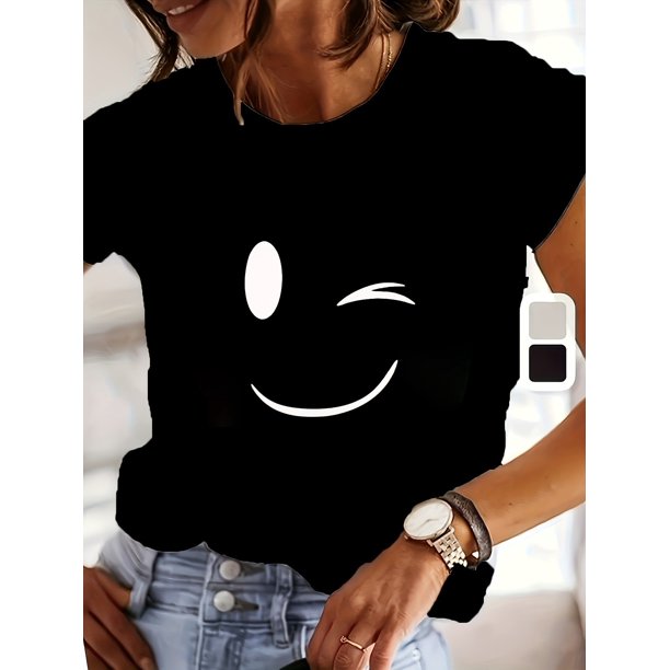 Women'S Casual Cotton T-Shirt with Geometric Face Print, Round Neck, Short Sleeve, Regular Length - Summer Knit Top