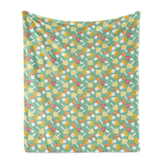Mushroom Soft Flannel Fleece Throw Blanket, Colorful Nursery Themed Cheerful Pattern with Various Toadstools, Cozy Plush for Indoor and Outdoor Use, 50" x 60", Mint Green and Multicolor, by Ambesonne