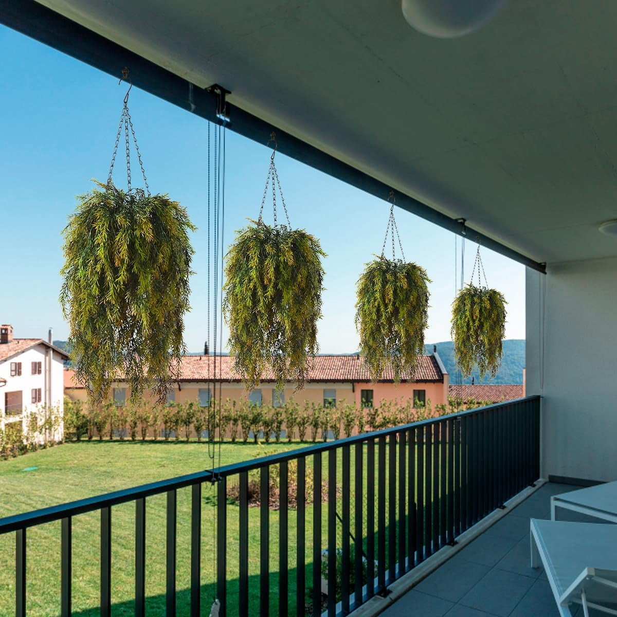 Artificial Hanging Plants in Basket Fake Hanging Eucalyptus with Coconut Lining Chain Palm Flowerpot Hanging Plant Outdoor UV Resistant Plastic Plants(Eucalyptus)