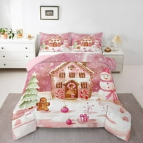 Manfei Girly Pink Snowman Queen Comforter Set, Kawaii Gingerbread Man Bedding Comforter Set, Merry Christmas Reversible Bedding Set, Luxury Bedroom Decor, 3 Pieces
