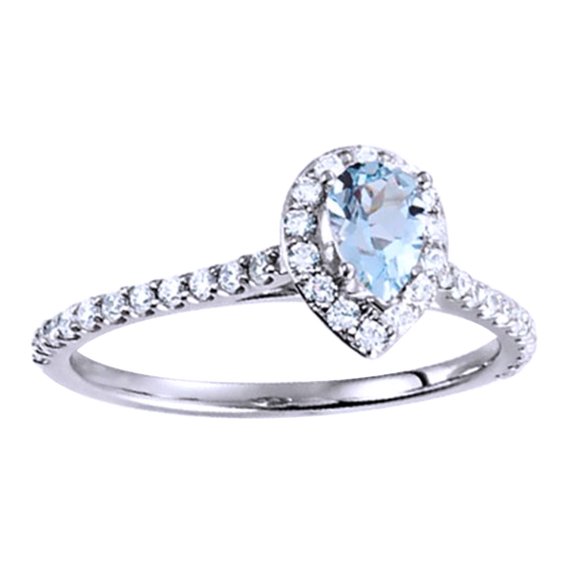 AFFY Pear Simulated Aquamarine & Natural Diamond Halo Style Engagement Band Ring 14K Solid White Gold