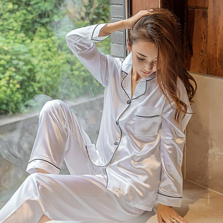 Women's Sexy Striped Lapels Button Silk Satin Long Sleeve Solid Color  Two-piece Pajamas Suit