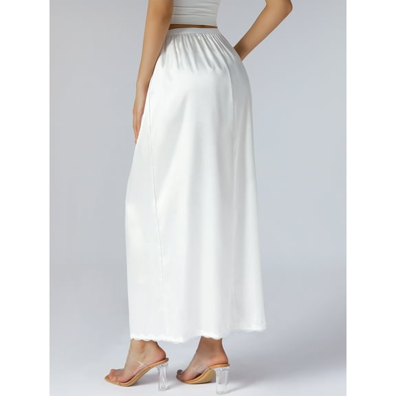 Springcmy Women's Satin Half Slips Underskirt Elastic Waist Trim Lace Long Half Slips Skirt for Under Dress Slip