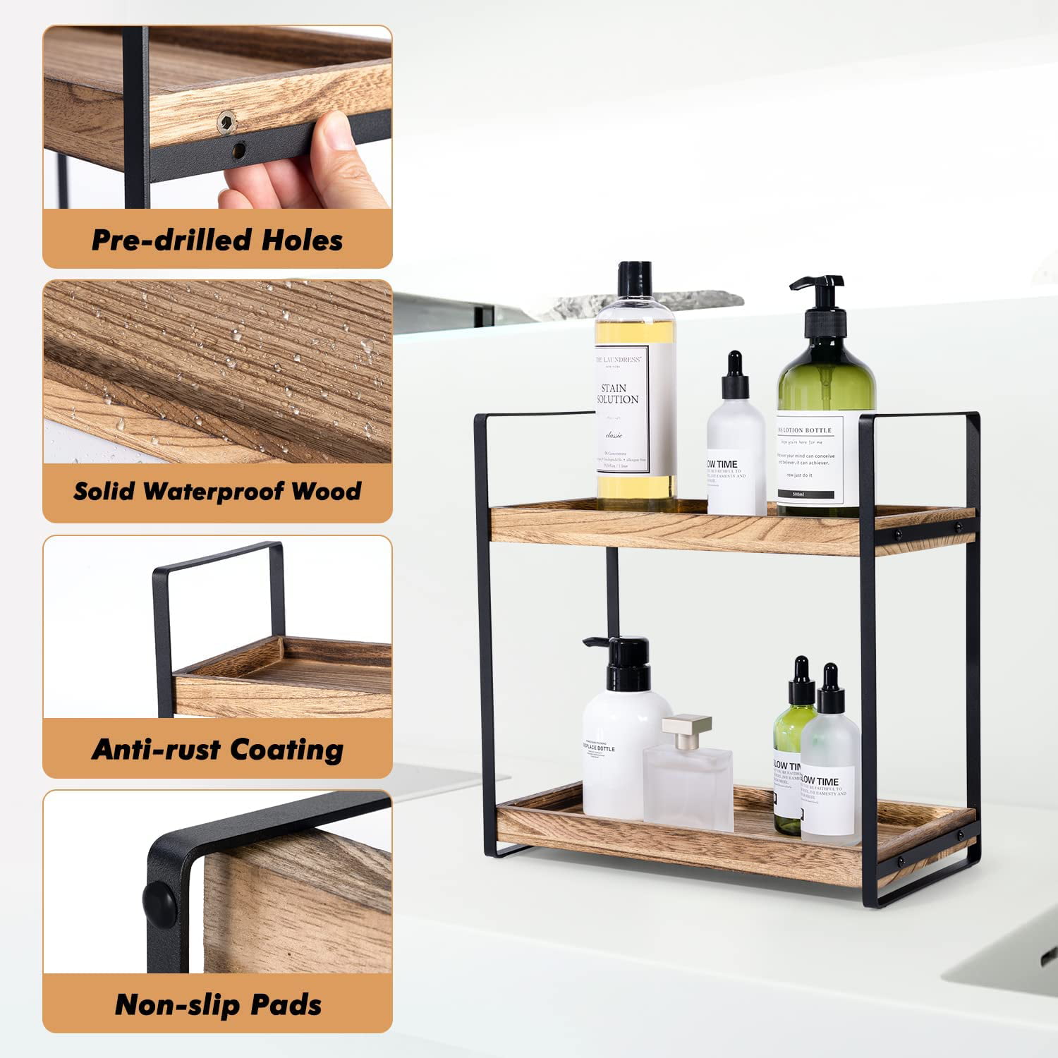 2-Tier Countertop Organizer for Bathroom Counter Wood Bathroom