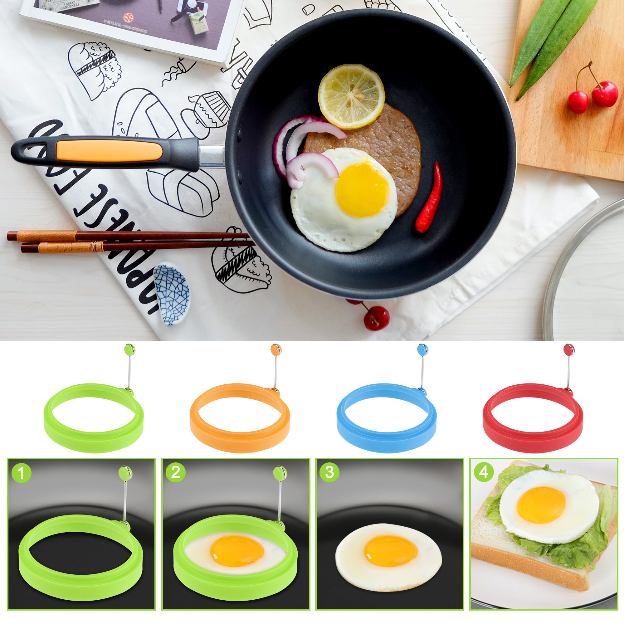choyaxo 4 Pack Nonstick Egg Rings Stainless Steel Fried Egg Ring Griddle  with Orange Silicone Handle Professional Egg Patty Maker for Breakfast  Burger