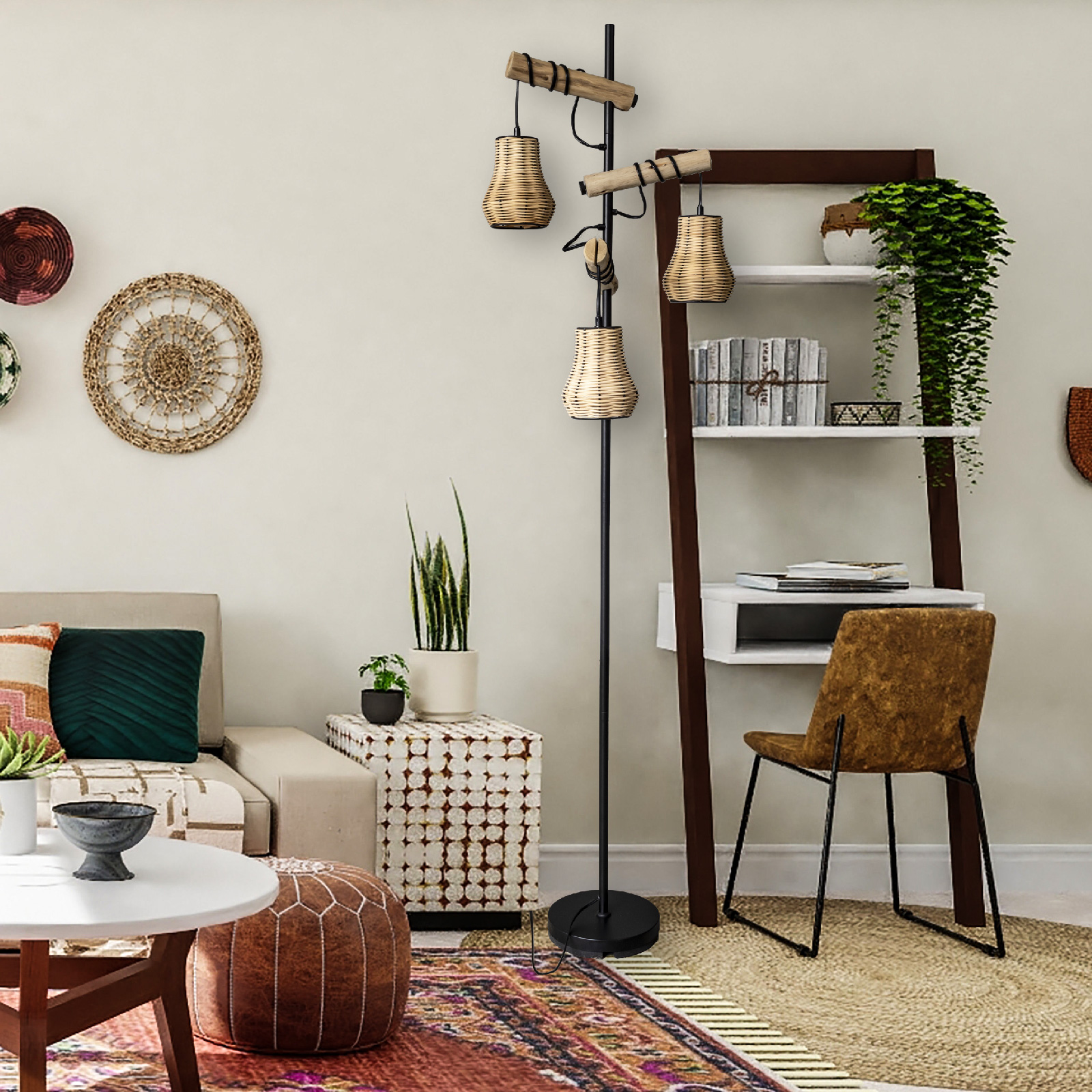 3-Light Rustic Reading Black Standing Floor Lamp with Rattan
