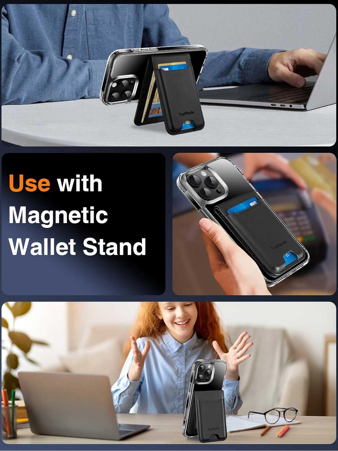 Magnetic Phone Wallet Stand Compatible for iPhone 17/16/15/14/13/12 Series, Magnetic Wallet Card Holder with Detachable Phone Case for iPhone 16 Pro Max, 1 Set