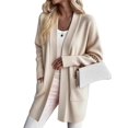 thumbnail image 3 of Women Solid Tone Open Front V Neck Side Pockets Oversized Mid Length Loose Casual Knit Cardigan Cream White M, 3 of 7