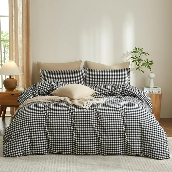 Gingham Duvet Cover Queen Size Black White Plaid Checkered Comforter Cover 3 Pcs Breathable Durable Washed Cotton Duvet Cover Set Grid Bedding Set
