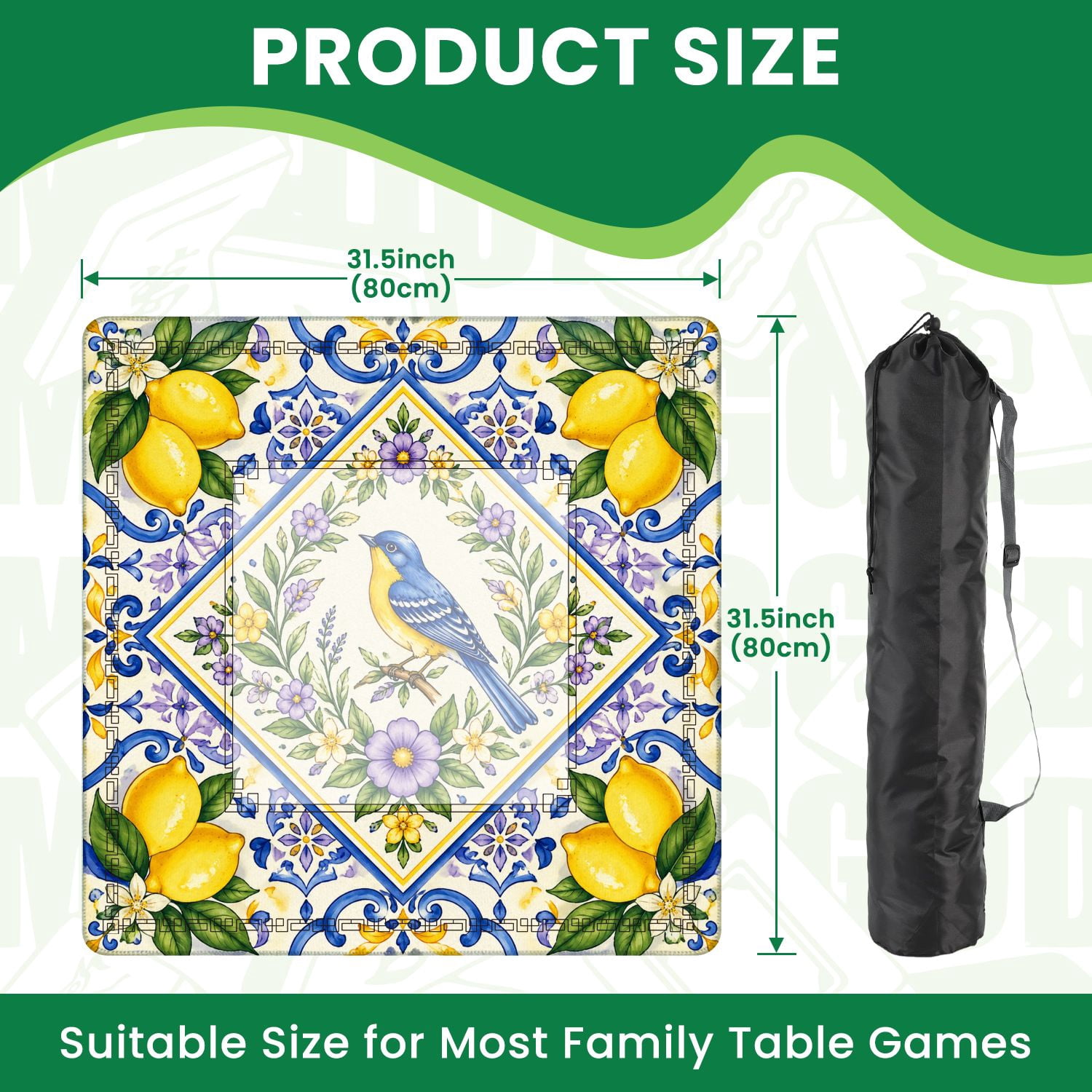 Mahjong Mat 31.5" x 31.5" Blue Yellow Bird Lemon Floral Non-Slip Noise Reduction American Mahjong Tiles Table Cover for Dominoes Poker Card Board Games Gift