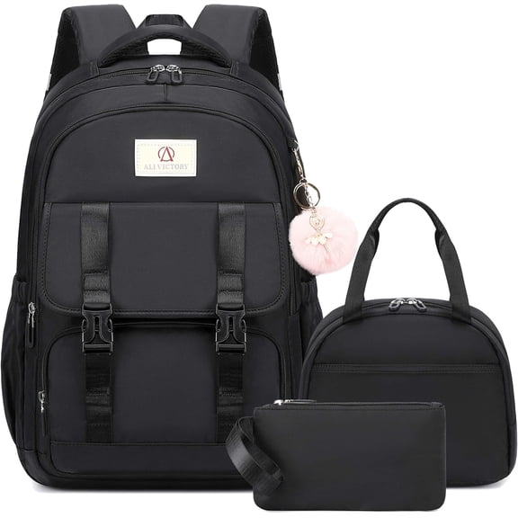 AO ALI VICTORY School Backpack for Girls Women 15.6 Inch Laptop Backpacks College Bookbag Cute Kids Elementary Middle High School Bag with Lunch Box Set for Teens Students Travel Daypack, Black n set