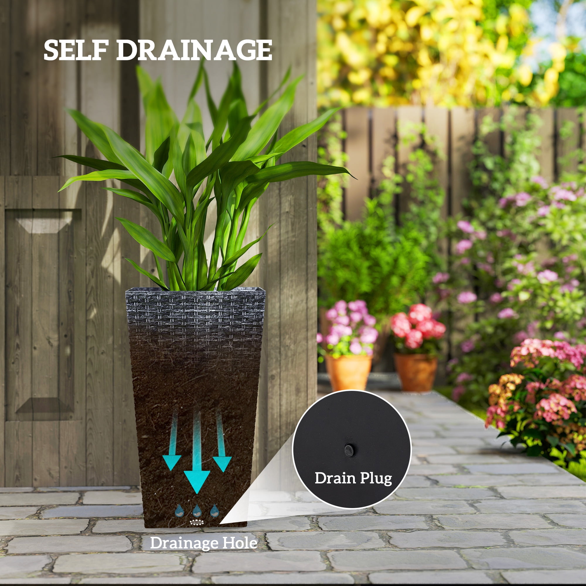 Tall Planters for Outdoor Plants, with Drainage Holes, Rattan Decor Plant Pots for Indoor Outdoor, Set of 3
