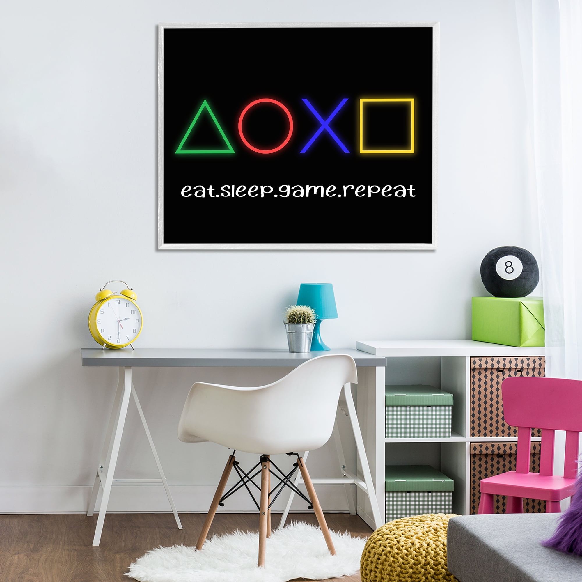 Neon Gaming Symbols & Words White Framed Giclee Art, design by Christine Simpson Art