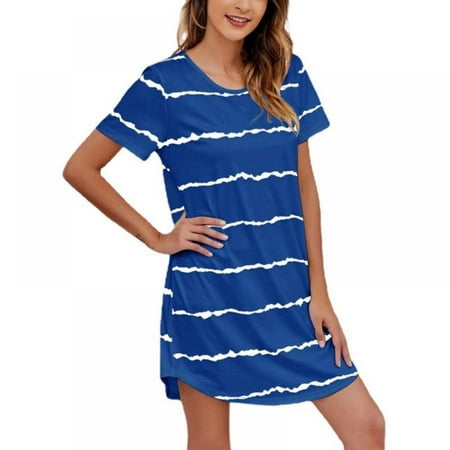 

LAST CLANCE SALE! Women s Striped Nightgown Sleepwear Short Sleeves Shirt Casual Print Sleepdress Blue L