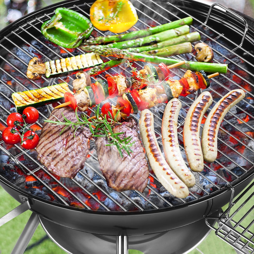 28 inch Charcoal Grill, Portable BBQ Grill with Wheels, Storage Holder, Porcelain-Enameled Lid, Ash Catcher & Thermometer, Round Barbecue Grill for Outdoor Backyard Camping