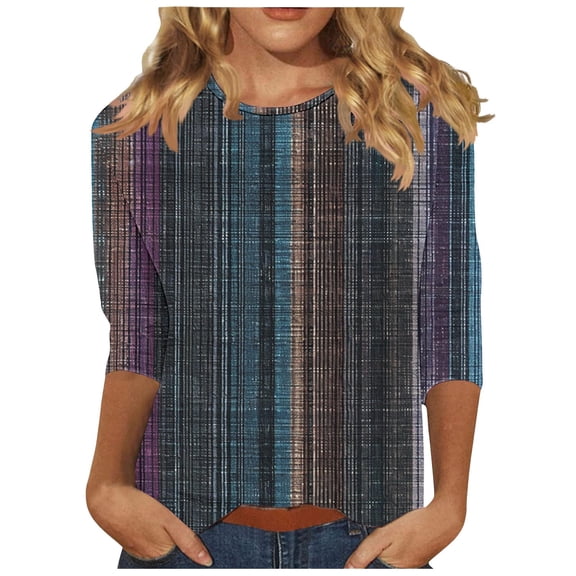Charella 3/4 Length Sleeve Shirts for Women Striped Printed Crew Neck Tee Casual Loose Fit Color Block Tops (XL, Multicolor 10)