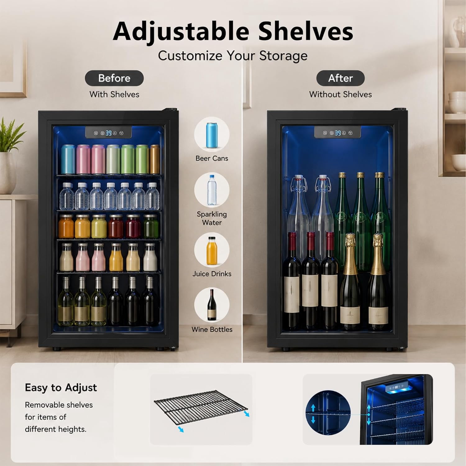 3.2 Cu.Ft Mini Beverage Refrigerator, 130 Can Glass Door Cooler for Drinks, Soda, Beer & Wine, Compact Fridge for Bedroom, Office, Home Bar, Black