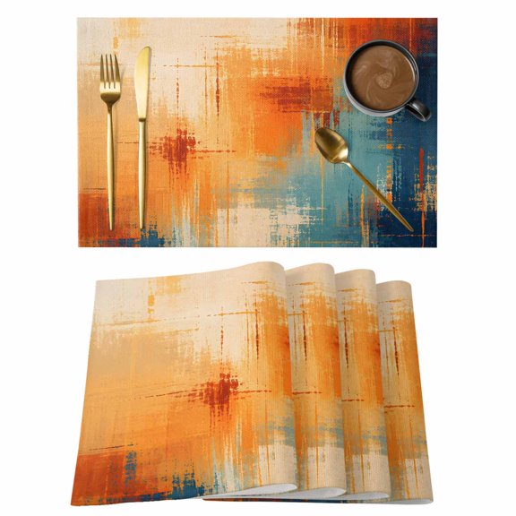 Abstract Strokes Placemats Set of 2, Fall Modern Geometric Orange White Blue Lines Non-Slip Place Mats Washable Table Mats for Kitchen Dining Table Decorations Indoor/Outdoor