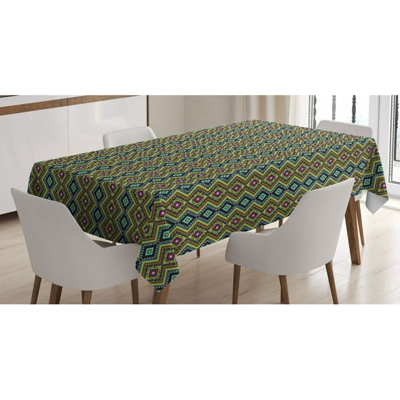 Ethnic Tablecloth, Geometric Folklore Ornament in Mexican Style Vibrant Colors Borders, Rectangle Satin Table Cover Accent for Dining Room and Kitchen, 60" X 84", Multicolor, by Ambesonne