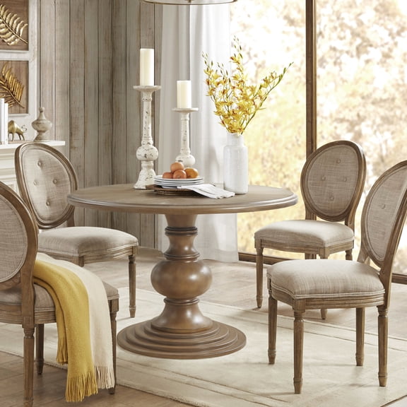 -inspired 46" Round Table With Walnut Hue, Diamond Veneer Top And Support Gorgeous Dining Appeal