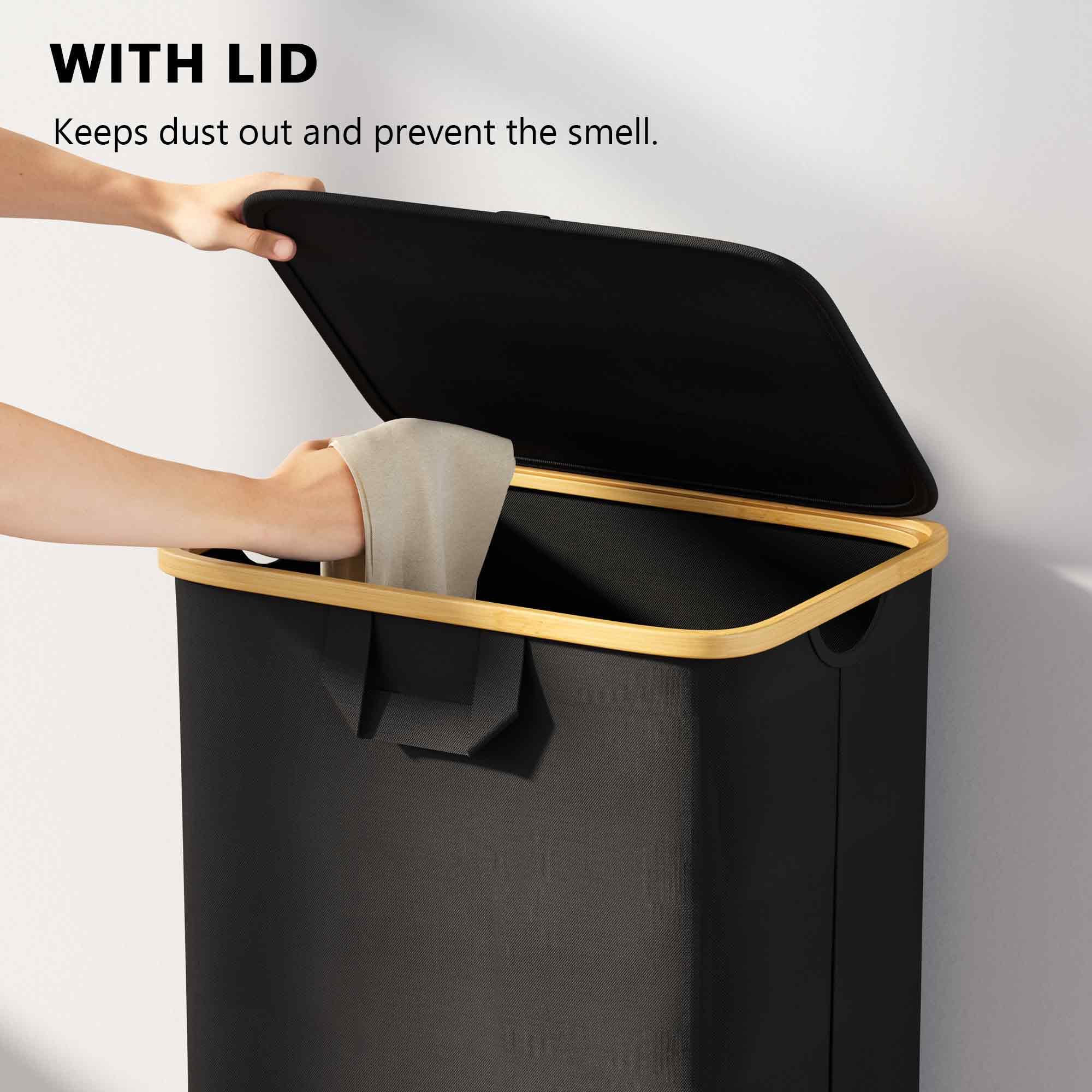 Laundry Hamper, 29 Gal (110L) Rolling Clothes Basket with Bamboo Handle Wheels and Lid, Large Laundry Hamper for Bedroom, Bathroom, Dorm, Laundry Room - Black
