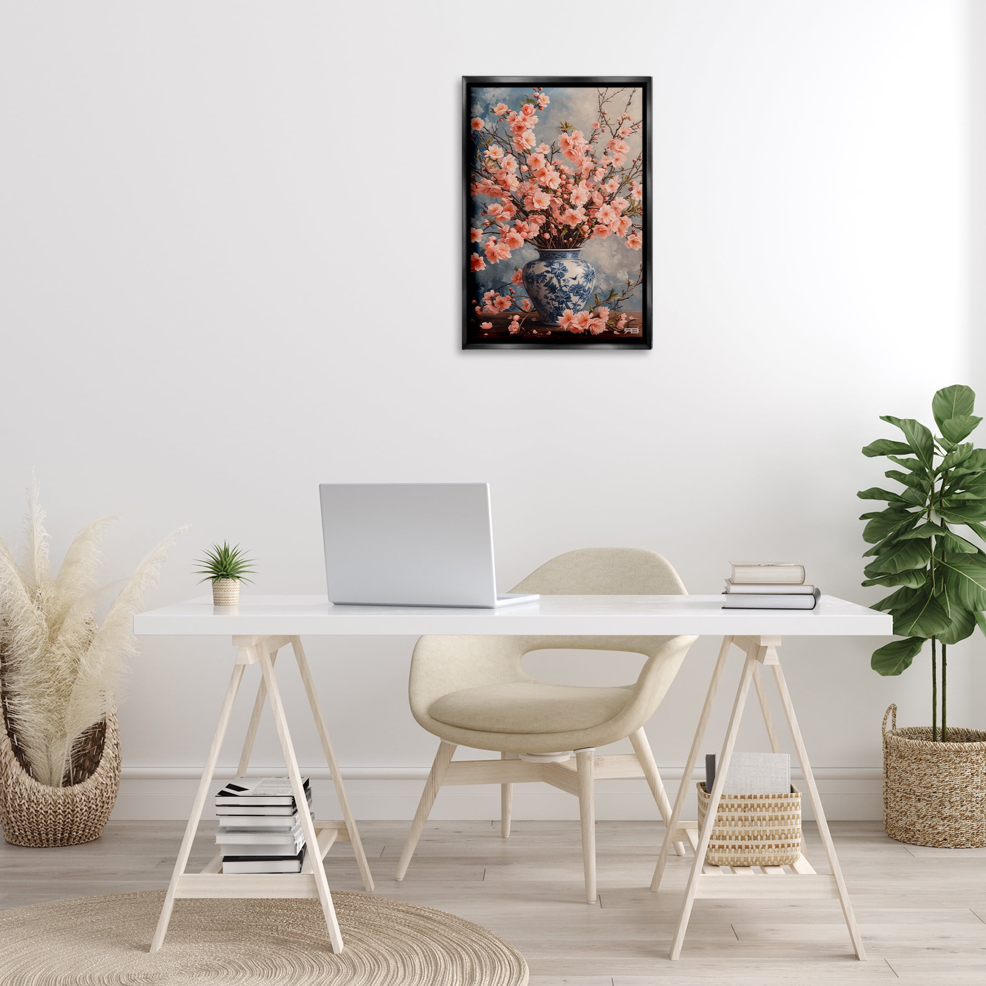Stupell Industries Detailed Cherry Blossom Vase Botanical & Floral Painting Black Floater Framed Art Print Wall Art, 17 x 25