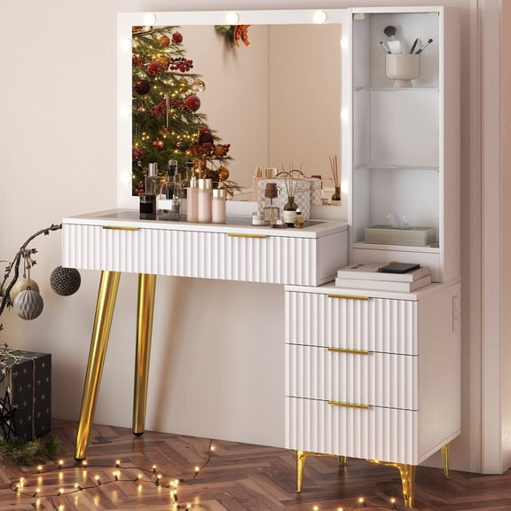 MOSUI Fluted Vanity Desk with Mirror Glass Top Makeup Table with 5 Drawers Power Outlet Storage Cabinet 3 Color Light for Bedroom White