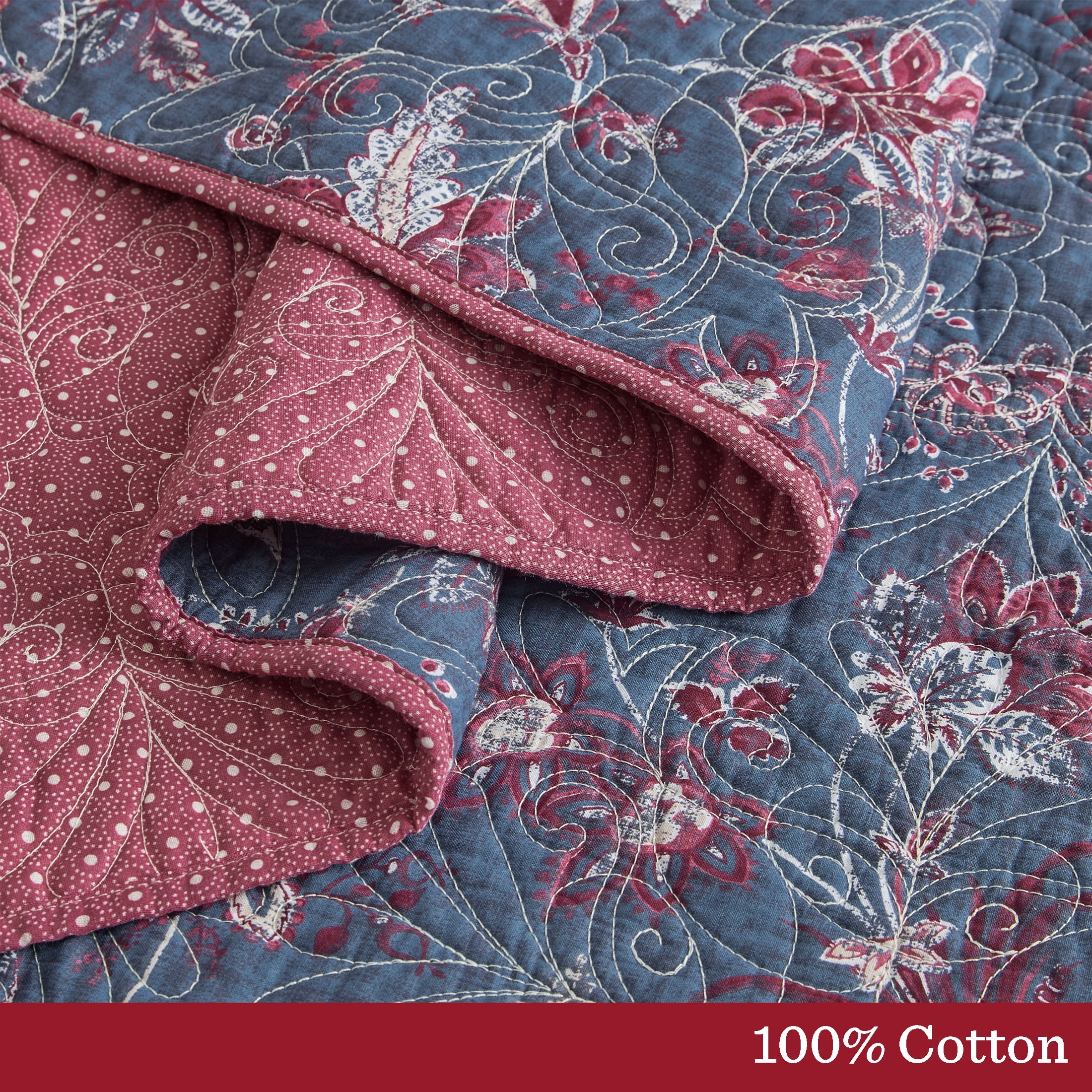 Country Home Queen Quilt Set, 100% Cotton & Reversible, Americana Floral Print, 3-Piece