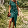 thumbnail image 4 of Women Casual Dresses Crew Neck Short Sleeve Twist Front Slim Fit Midi Dress Solid Color Asymmetrical Cocktail Dresses, 4 of 7