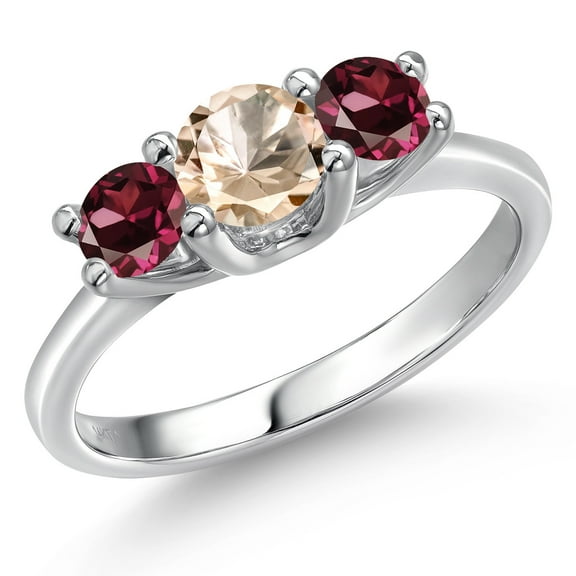 Gem Stone King 14K White Gold Peach Morganite & Red Rhodolite Garnet 3-Stone Engagement Ring | 1.14 Cttw | Round 5MM and 4MM | Three Stone Wedding Anniversary Promise Ring for Women (Size 6)