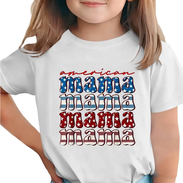 Zpanxa T-Shirts d'Été pour Filles Imprimé de la Fête de l'Indépendance Col Rond Manches Courtes Haut Polyester Spandex 10-11 Ans