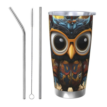 

Qekee Quirky Owl With Glasses Print 20OZ Car Cup Stainless Steel Vacuum Insulated Tumbler Tumbler Cup With Lid And Straw Travel Coffee Mug-Straw Three-piece Set