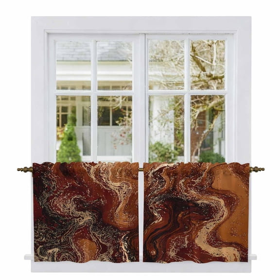 Brown Marble Tier Curtains, Ombre Abstract Striped Mottled Aesthetic Light Filtering Kitchen Curtains, 2Pcs Rod Pocket Half Window Treatments Panels for Sink Cafe Cabinet Camper 27.5x36 Inches